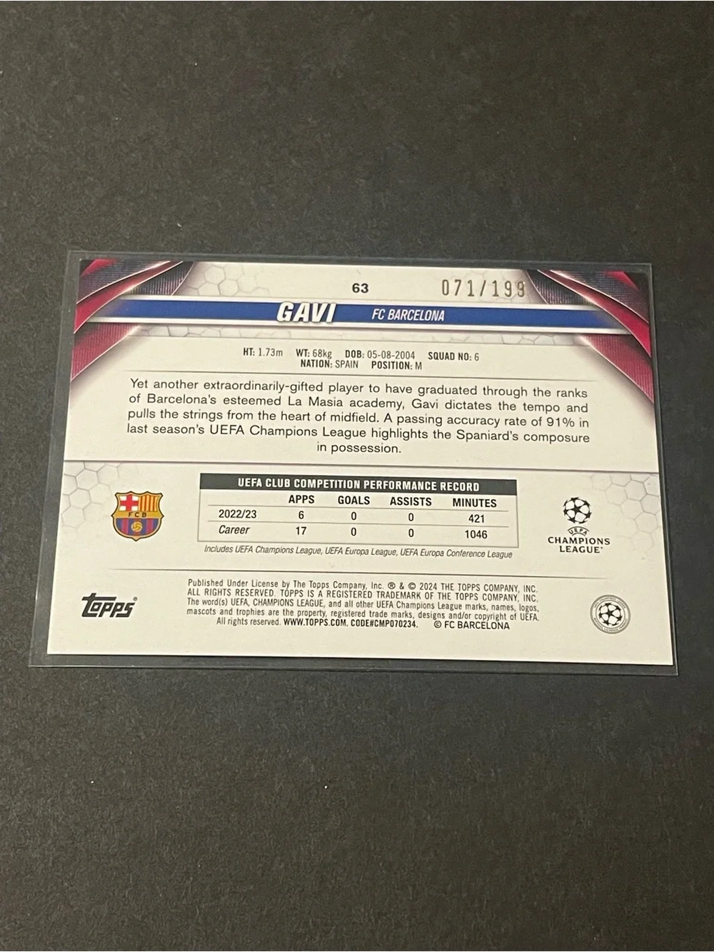 2023/24 Topps Chrome UEFA Club Competitions Gavi #63 Neon Green Refractor 71/199